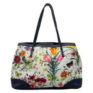 Gucci Flora Flower Tote Bag Years Blue x Navy Blue Multi Leather